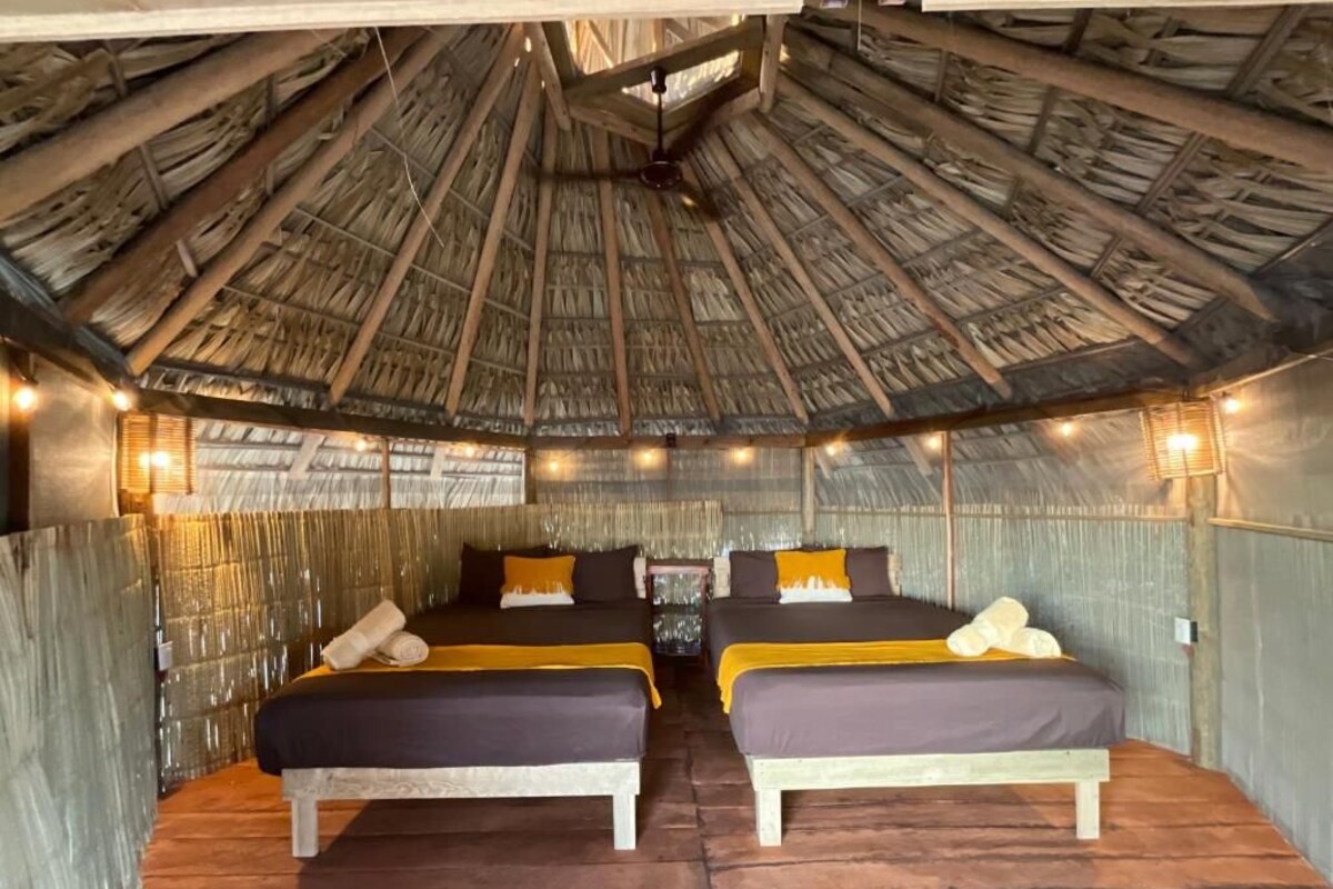 Une chambre avec deux lits, un plancher en bois et un toit de chaume.