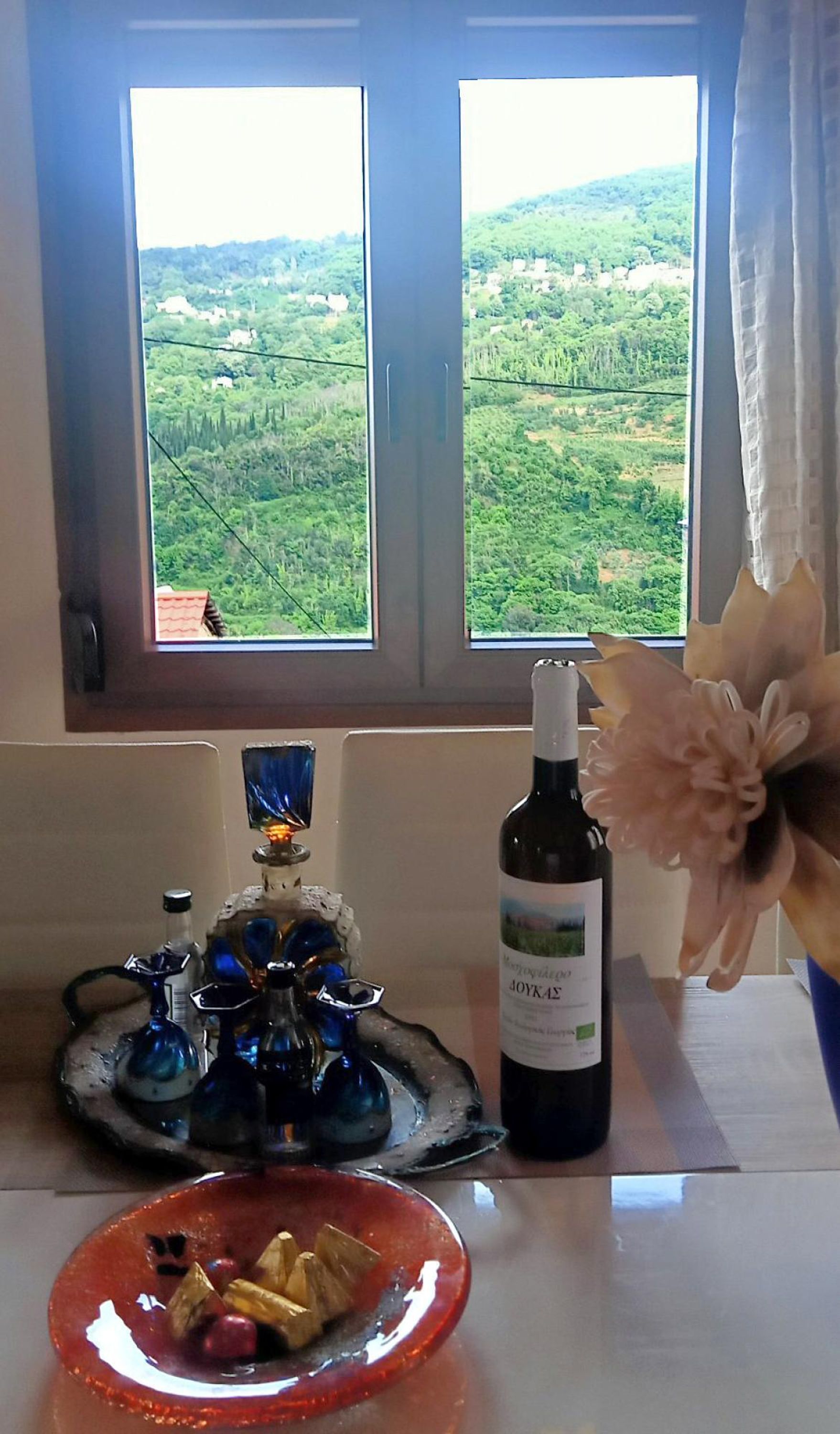 Un comptoir de cuisine avec une bouteille de vin, une assiette de nourriture, un narguilé et une vue sur un paysage verdoyant par la fenêtre.