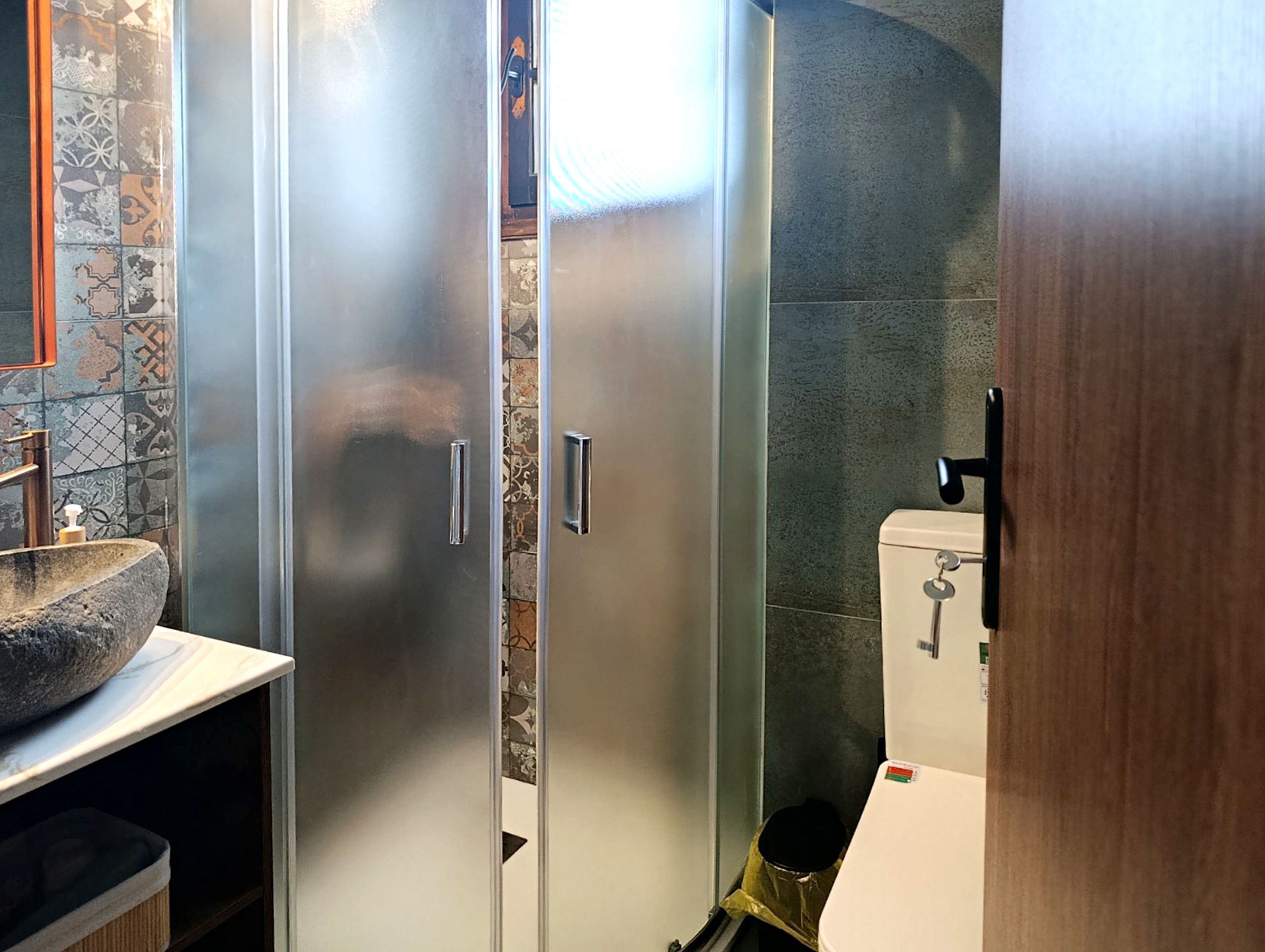 Shower, hair dryer, towels