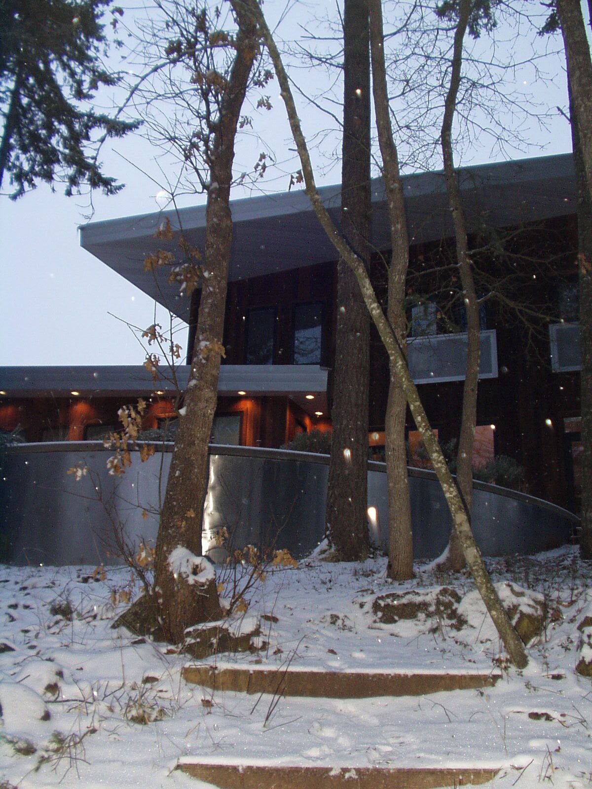A modern building with a flat roof, surrounded by trees and covered in snow.
