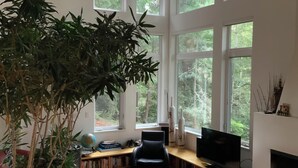 Ein geräumiges Wohnzimmer mit großen Fenstern, einem Kamin, einem Fernseher und einer gemütlichen Sitzecke.
