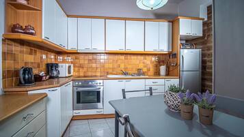 Coffee/tea maker, fridge, oven, stovetop