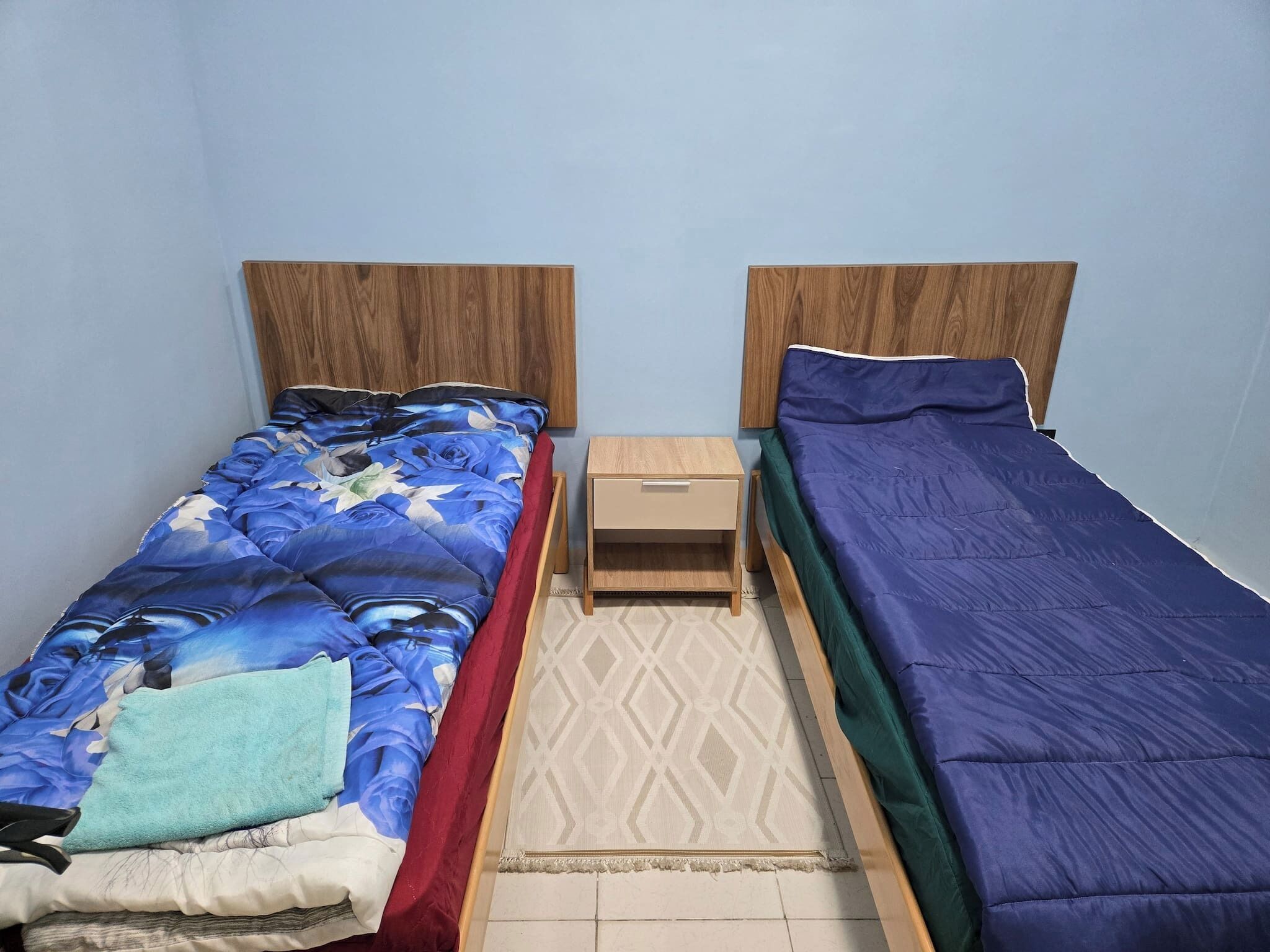 Een slaapkamer met twee eenpersoonsbedden, elk met een houten hoofdbord, een klein nachtkastje en een kamerkleed met dessin.