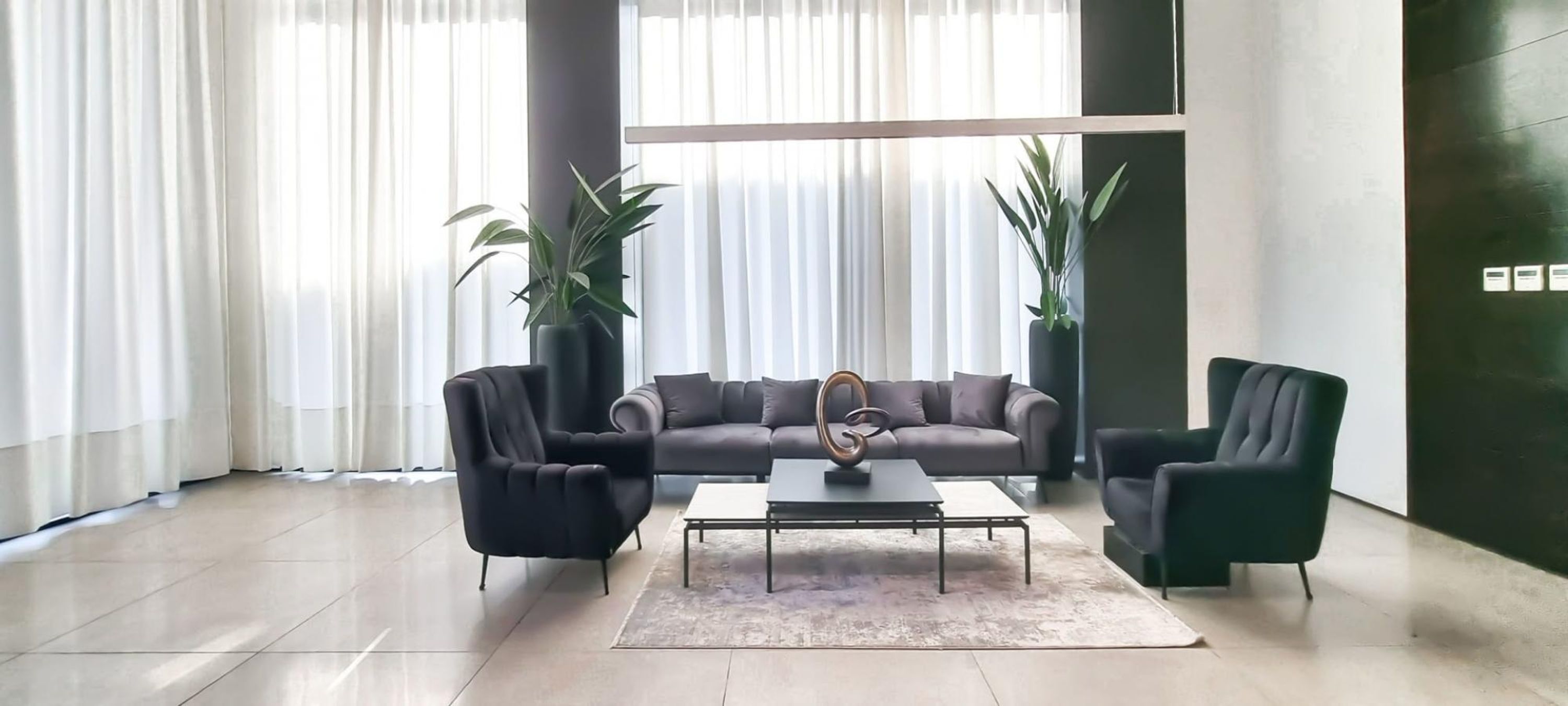 A modern living room with a grey sofa, two black armchairs, a coffee table, and two potted plants.