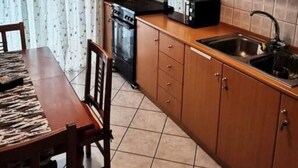 A compact kitchen with wooden cabinets, a built-in oven, a microwave, and a sink. - Alex’ s apartment in Trikala (Trikala)