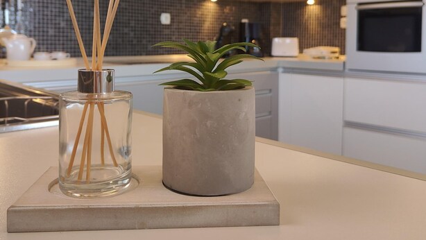 A modern kitchen with white cabinets, a stainless steel range hood, and a microwave. There is a clear glass vase with wooden sticks and a potted plant on the counter. - Aithrea's Homes in Pastida Rhodes (Pastida)