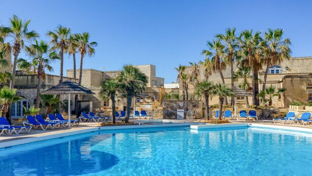 Une piscine à l’eau bleue, entourée de palmiers et de chaises longues bleues.