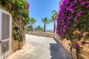Ein schmaler Steinweg, gesäumt von Mauern, die mit violetten Bougainvilleen bewachsen sind, führt zu einer Aussicht auf Palmen und ferne Hügel.