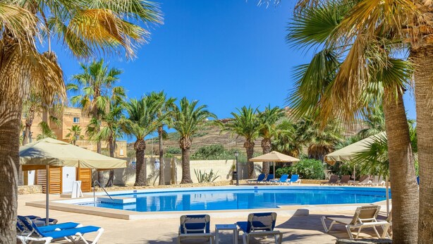 Uima-allasalue, jossa on aurinkotuoleja ja -varjoja, ja jota ympäröivät palmut sekä kirkkaan sininen taivas.