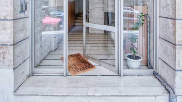 Entrada de un edificio con puerta de vidrio, felpudo de madera y planta en maceta.
