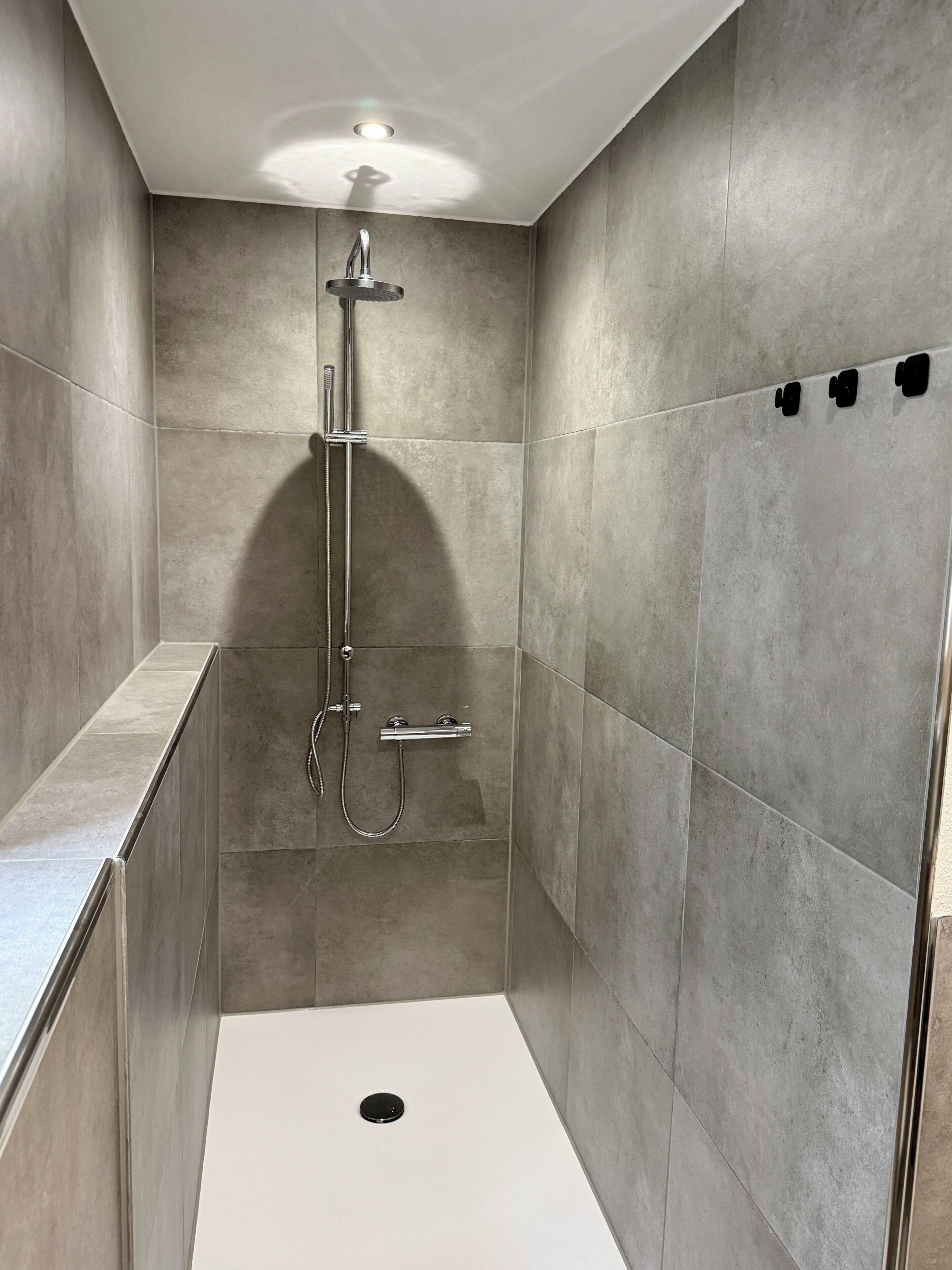 A walk-in shower with a handheld showerhead, a handheld showerhead, and a wall-mounted faucet.