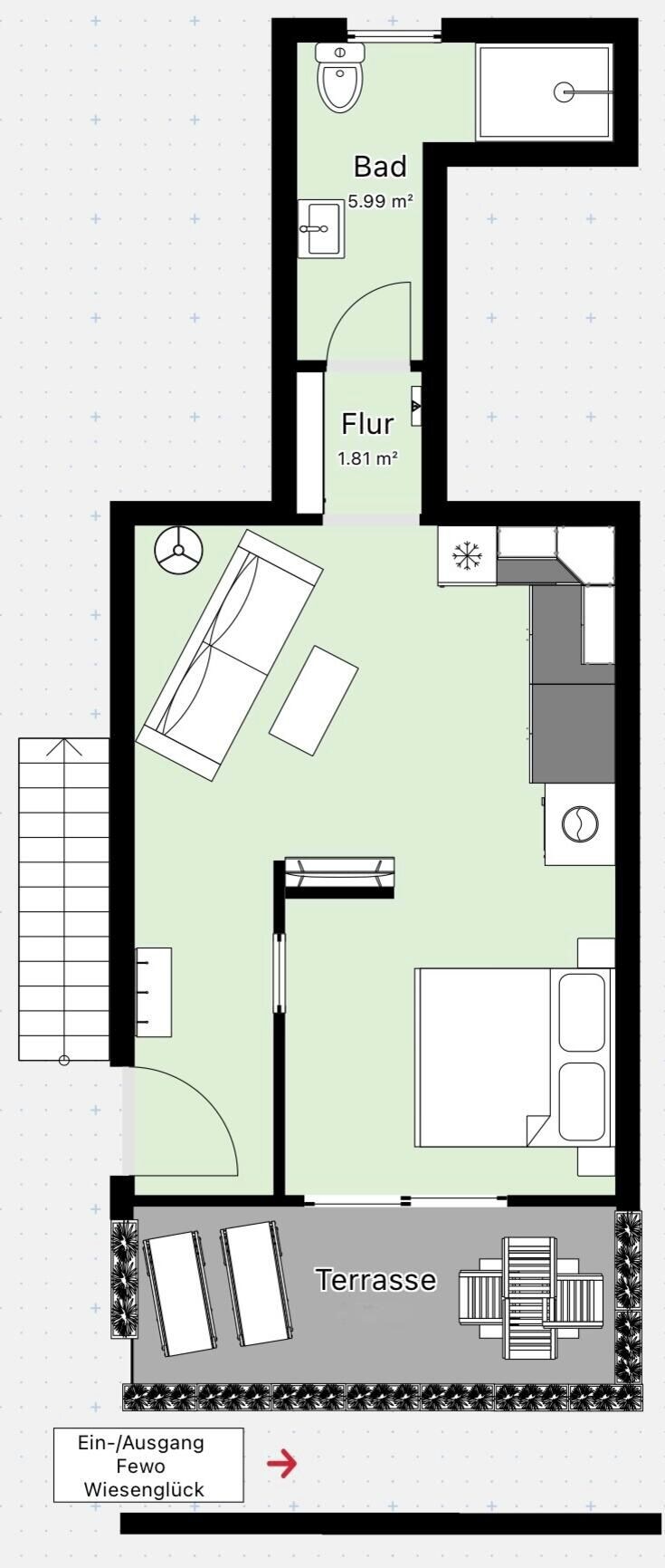 A floor plan with a bathroom, toilet, shower, and a terrace area.