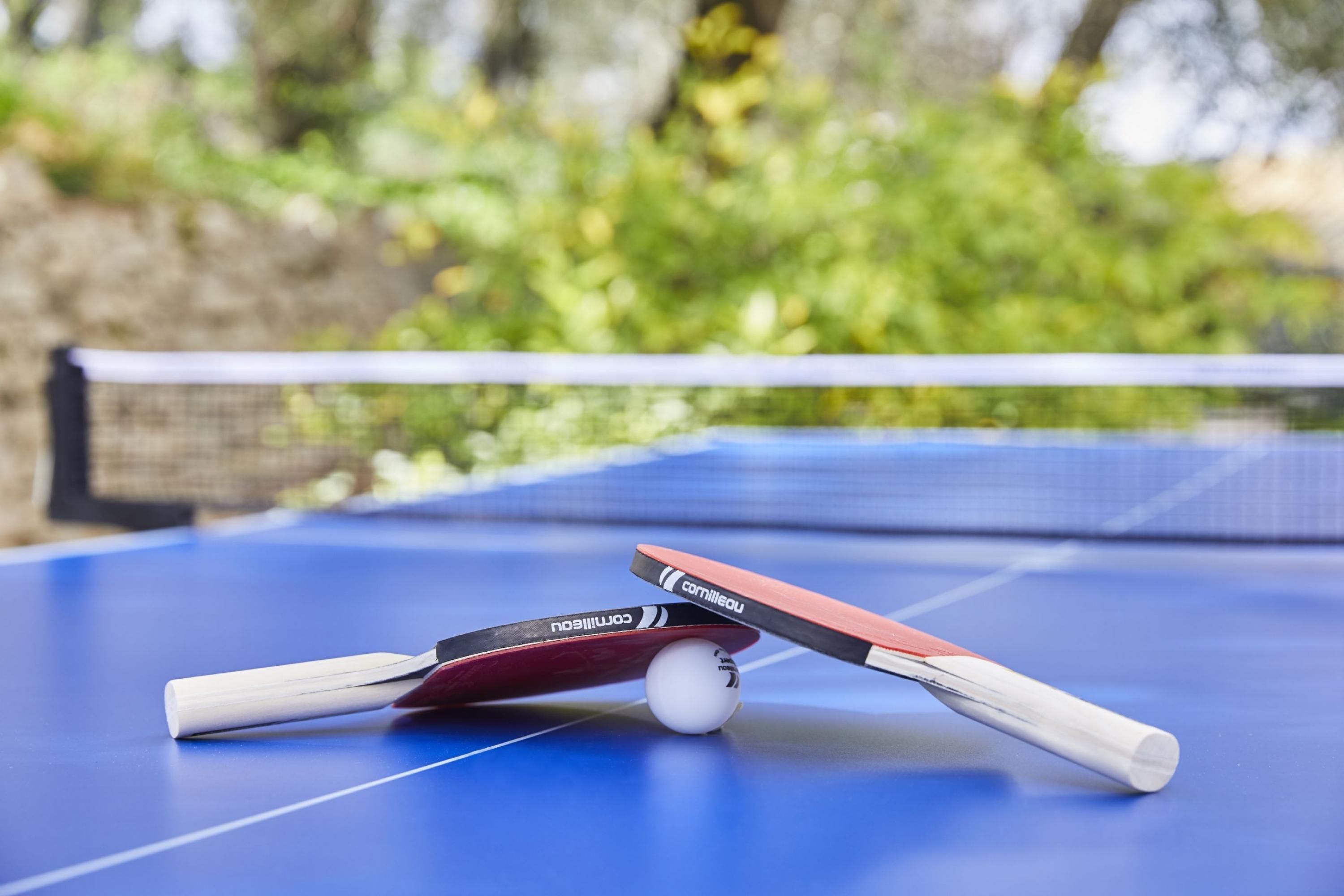 Ein blauer Tischtennis-Tisch mit Netz in der Mitte, ein Schläger und ein Ball.