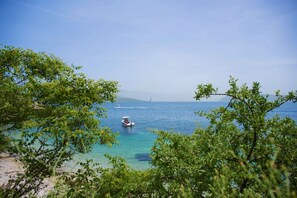 Eine Küstenlandschaft mit einem Boot auf dem Wasser, umgeben von Bäumen und blauem Himmel.