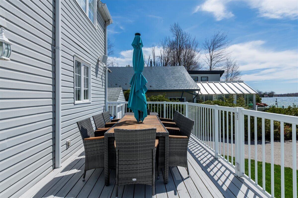 A deck with a table and chairs, a teal umbrella, and a view of a lake.