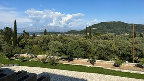 Un jardín ajardinado con senderos de piedra, diversas especies de árboles y una cadena montañosa distante bajo un cielo despejado.