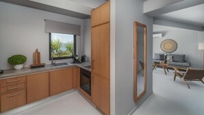A modern kitchen with wooden cabinets, a built-in oven, and a window with a view. - Duchess Suite - Cavalier Suites (Nikiana)
