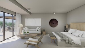 Ein modernes Schlafzimmer mit einem großen Bett, einem Sofa, einem Sessel und einem kleinen Tisch. Ein großes Fenster bietet einen Blick ins Freie.