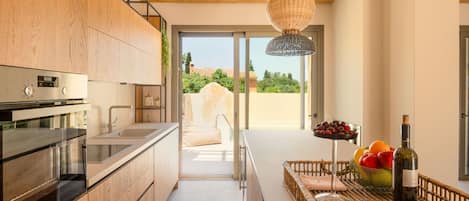 A modern kitchen with a built-in oven, a sink, and a large window.