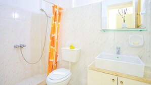 Et badeværelse med bruser, toilet, vask og et spejl over vasken.