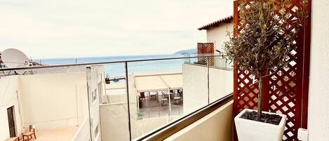 A balcony with a view of the sea, a potted plant, and a red lattice partition.