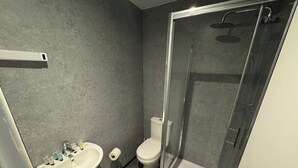 Une salle de bain moderne avec une douche à parois de verre, un lavabo blanc agrémenté d’articles de toilette et des toilettes.