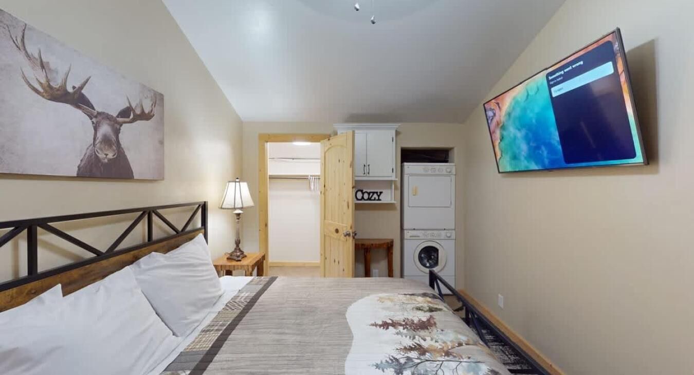 A bedroom with a bed, a mounted television, a painting of a moose, and a washing machine in the background.