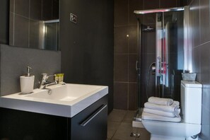 Shower, hair dryer, towels