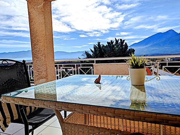 A glass-top table with a chair, a potted plant, and a view of mountains.