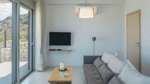 Een moderne woonkamer met een groot raam, een flatscreen televisie, een bank, een salontafel en een hanglamp.