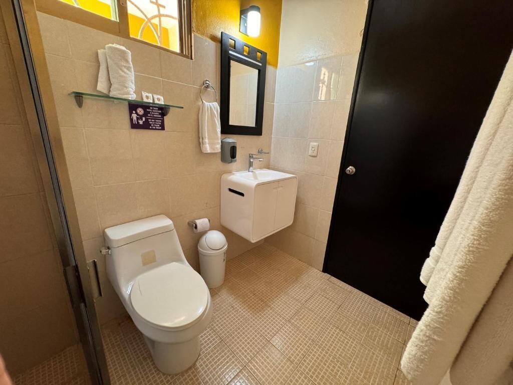 A bathroom with a toilet, sink, and a mirror.