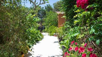 Un sendero bordeado de exuberante vegetación y flores vibrantes, que lleva a una estructura de madera.