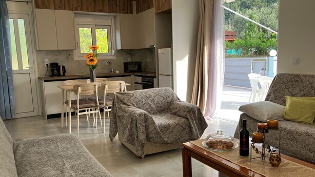 Un soggiorno moderno con un divano, un tavolino da caffè e un'area pranzo con tavolo e sedie.