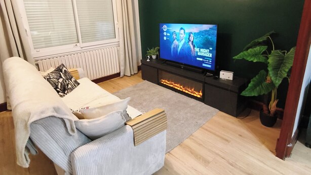 Ett modernt vardagsrum med en säng, en tv, en öppen spis och en stor växt.