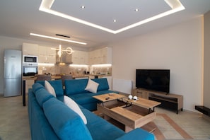 A modern living room with a blue sofa, a wooden coffee table, and a TV.