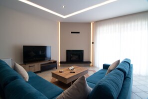TV, fireplace, books, stereo