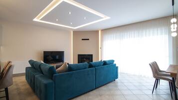 Televisión, chimenea, libros y estéreo
