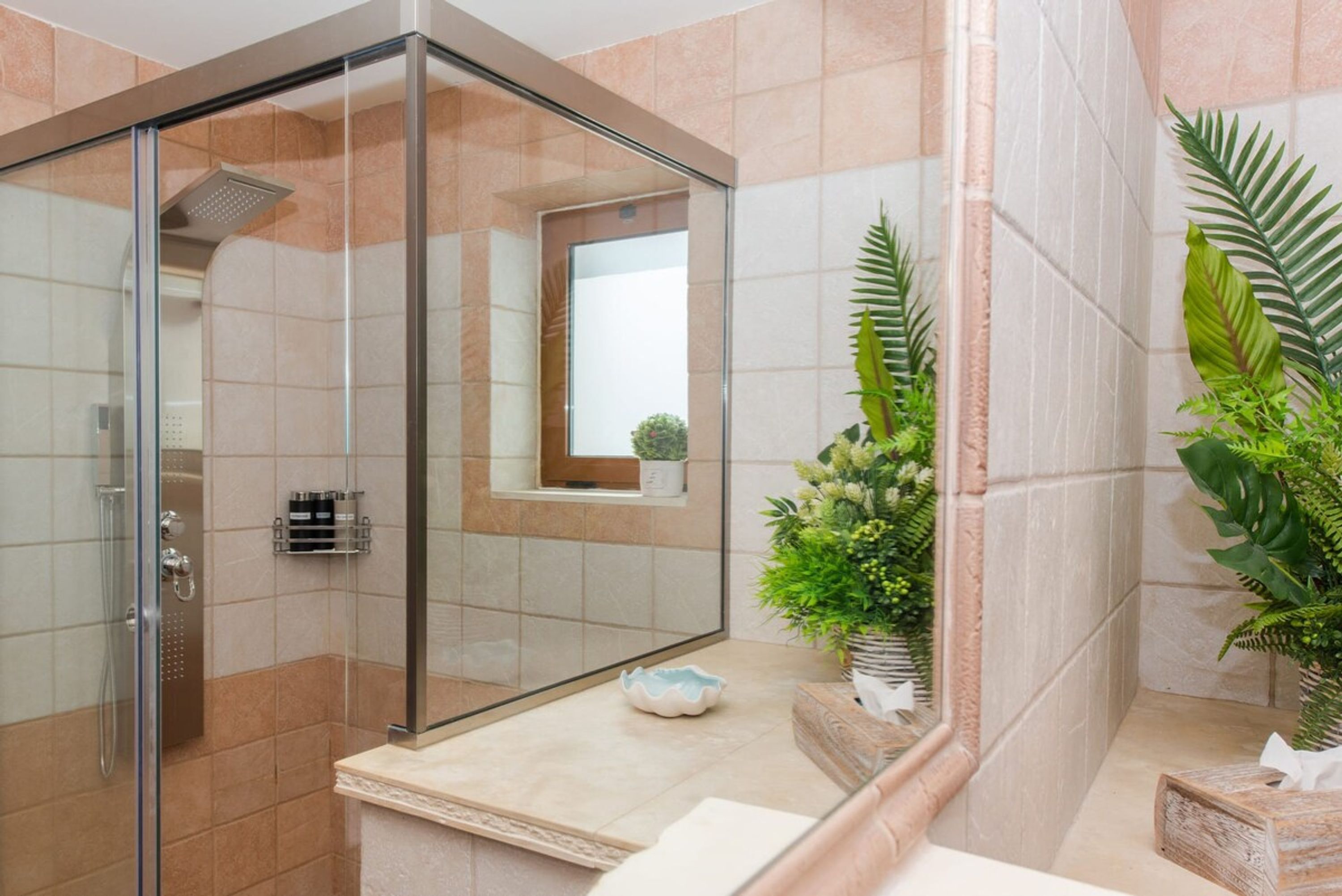 Shower, hair dryer, towels