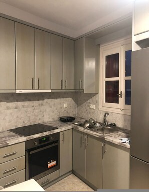 Fridge, oven, stovetop, cookware/dishes/utensils - One Bedroom Apartment (Naxos)