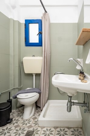 Un baño con inodoro, lavamanos y ducha.