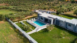 A modern house with a swimming pool, surrounded by a well-maintained garden and olive trees. - Sunset Villa in Moudania (Moudania)