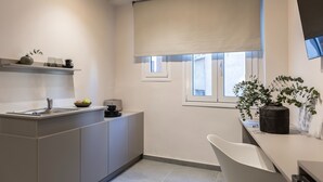 Et moderne køkken med en indbygget vask, en hvid stol og en potteplante.