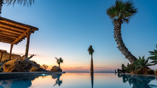 An infinity pool with a clear view of the ocean, palm trees, and a wooden pergola. - Luxury Villa Delphinus - AllParos Villas (Paros)
