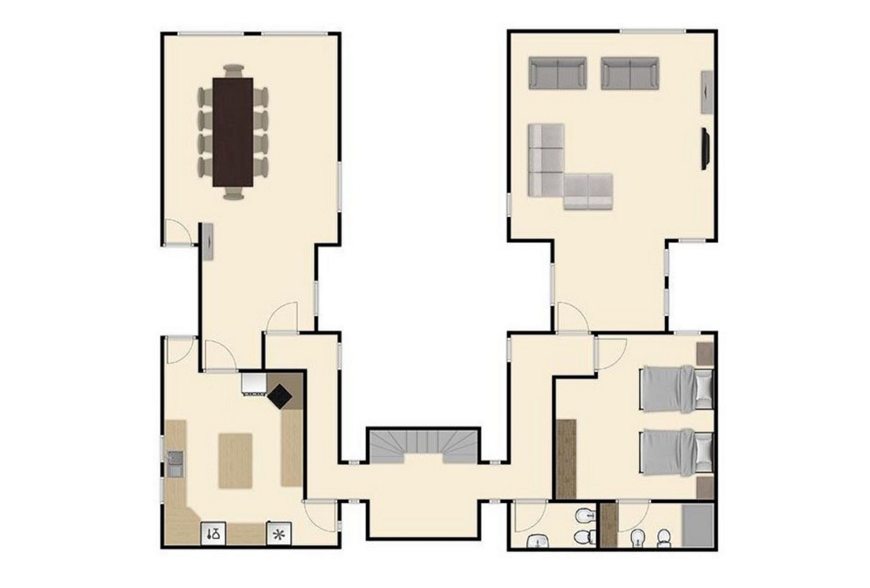 Distribución de un hotel que incluye un comedor, dos dormitorios, un baño y una kitchenette.