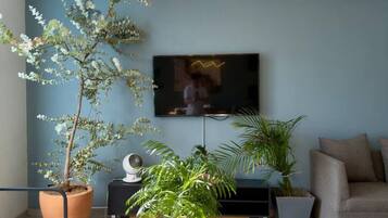 A modern living room with a blue wall, a large flat-screen TV mounted above a black entertainment unit, a stylish chandelier, and several potted plants.