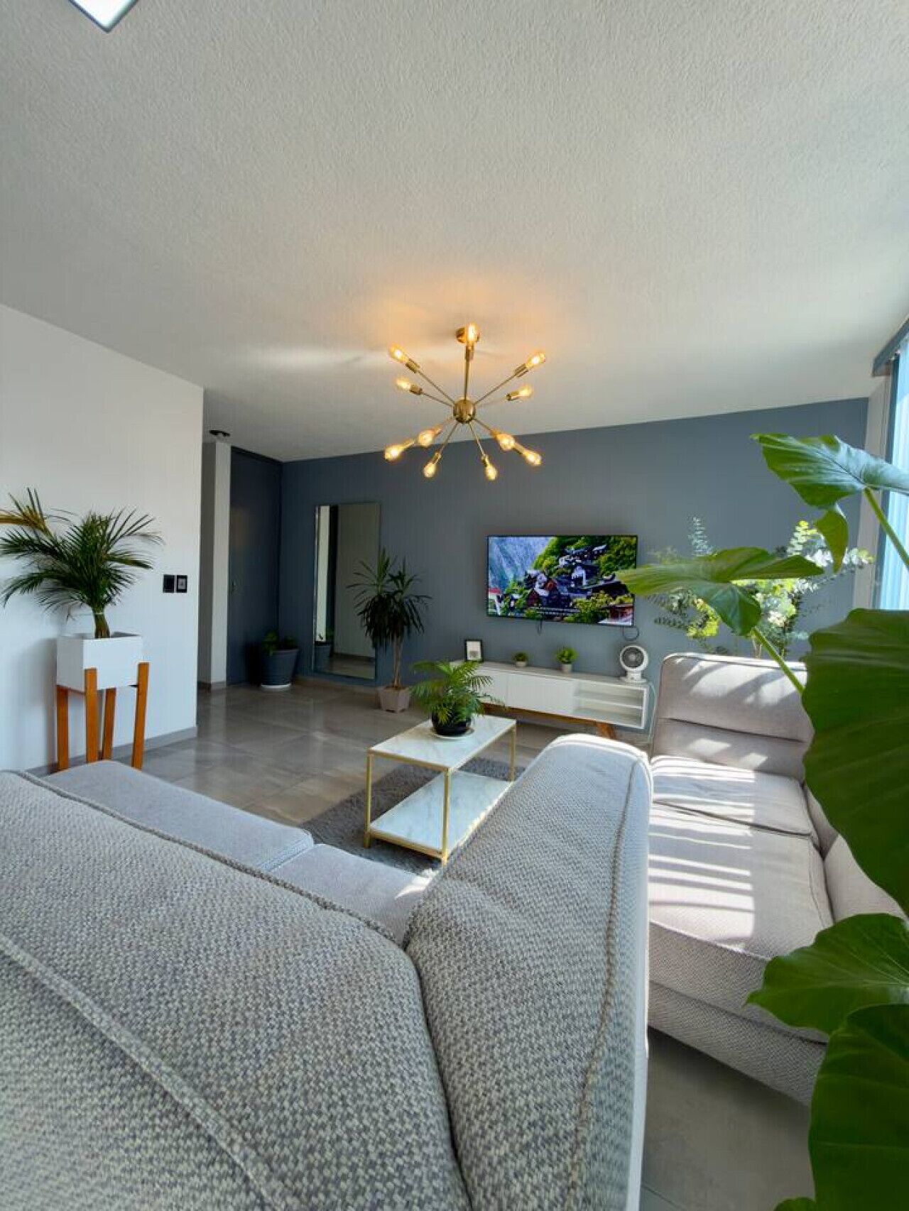 Un salon moderne avec un canapé, une table basse et des plantes.