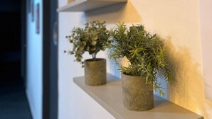 Ein Flur mit drei Regalen, auf denen Topfpflanzen und eine Vase stehen.