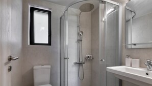 Et moderne badeværelse med en brusekabine i glas, toilet og et vaskeskab med spejl.