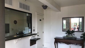 Zona de recepción de un hotel con un mostrador negro, un espejo grande, una puerta con un letrero y una mesa consola con una planta.