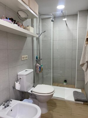 Secadora de cabello, toallas, jabón, papel de baño 